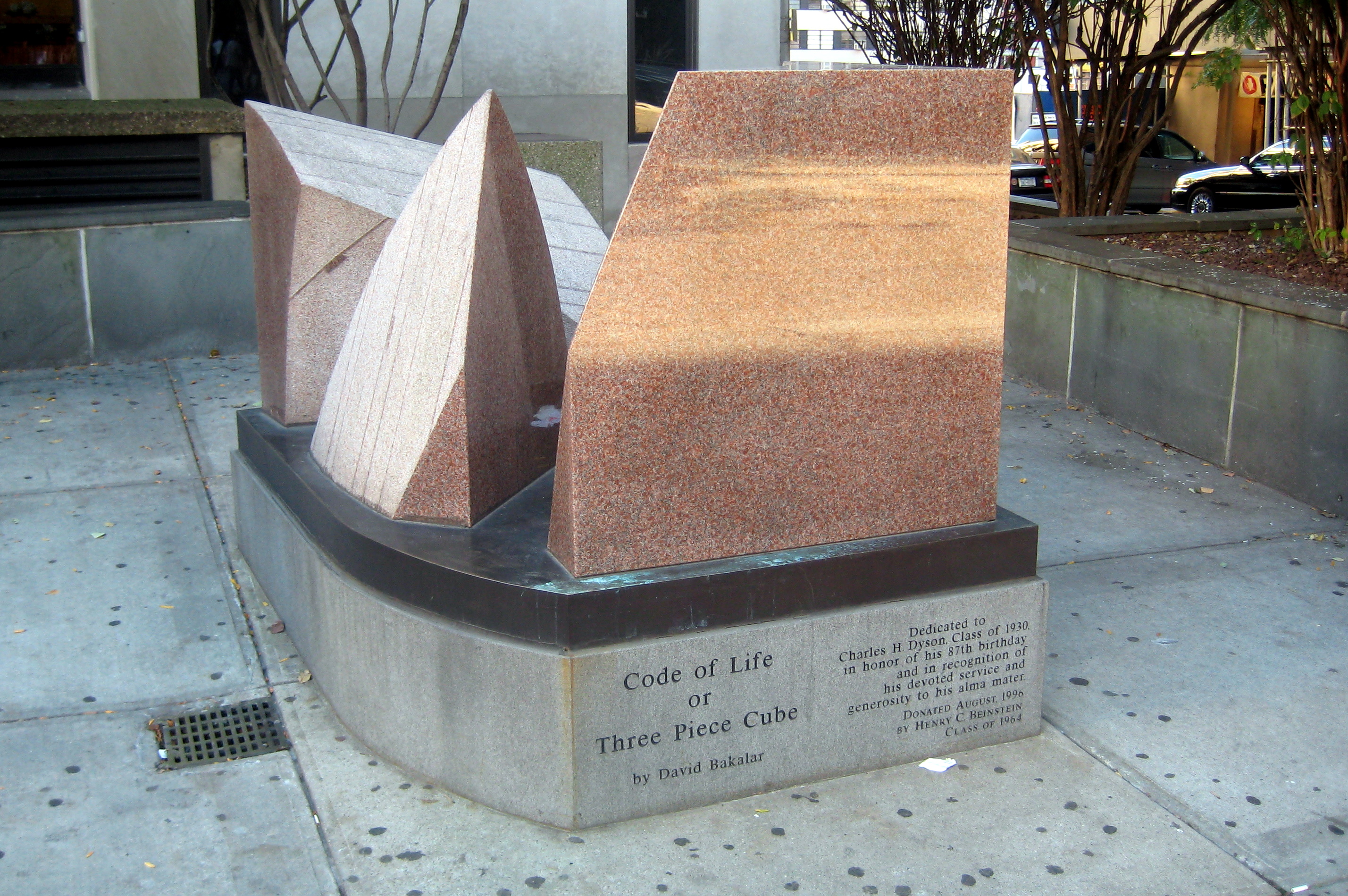 NYC - Pace University - Code of Life or Three Piece Cube The granite sculpture in front of the Pace Plaza building donated by alumnus Henry C. Beinstein '64 and designed by David Bakalar.