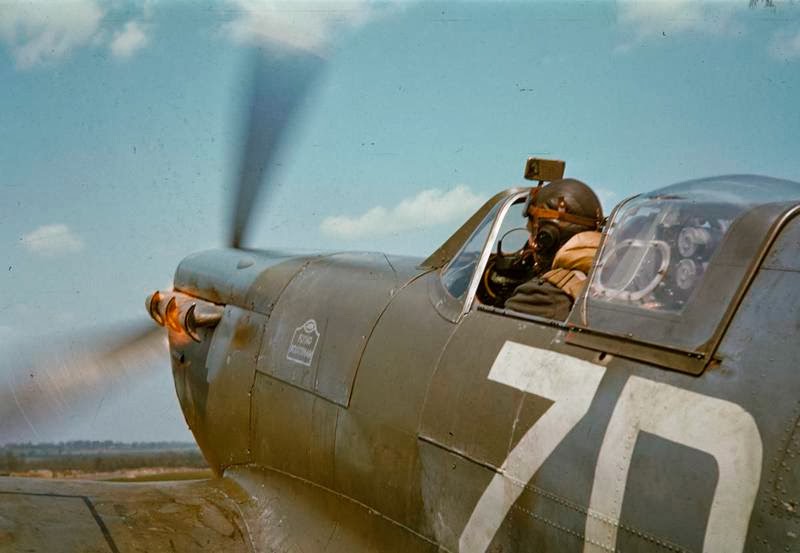 Flight-Lieutenant-Laurie-of-No.-222-Squadron-Royal-Air-Force-starting-up-Supermarine-Spitfire-Mark-V