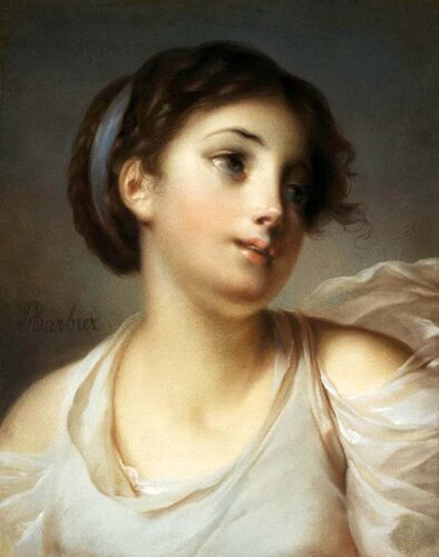 Французский живописец Барбье Поль (1760 - после 1830)-Головка девушки в голубоватой тунике.