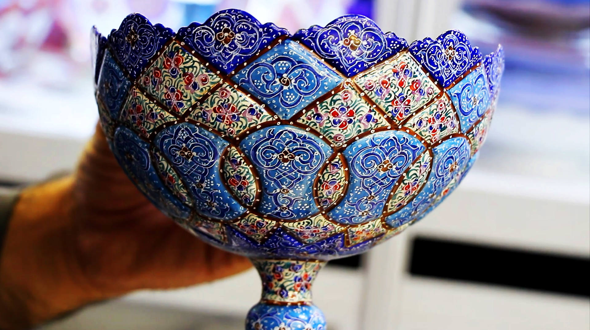 Persian-handmade-Enamel-Minakari-on-Copper-Pedestal-Candy-Nut-Bowl-Dish