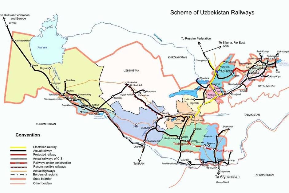 схема железных дорог Узбекистана