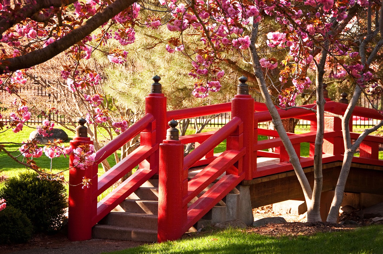 Red Railing in Japanese Garden