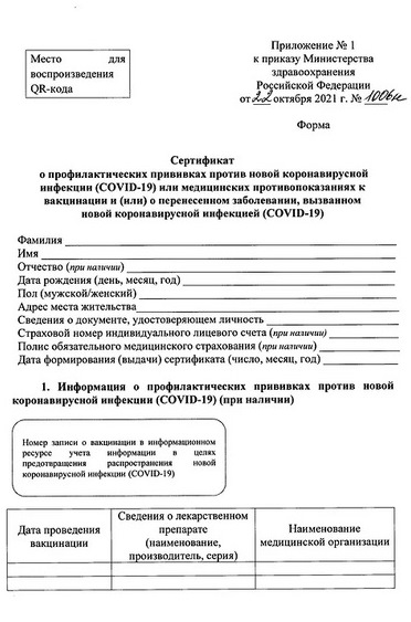 Сертификат о профилактических прививках против новой коронавирусной инфекции (COVID-19)