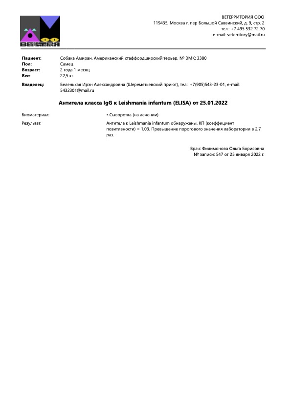 Антитела класса IgG к Leishmania infantum (ELISA) от 25.01.2022 (Амиран - Беленькая Ирэн Александровна (Шереметьевский приют))