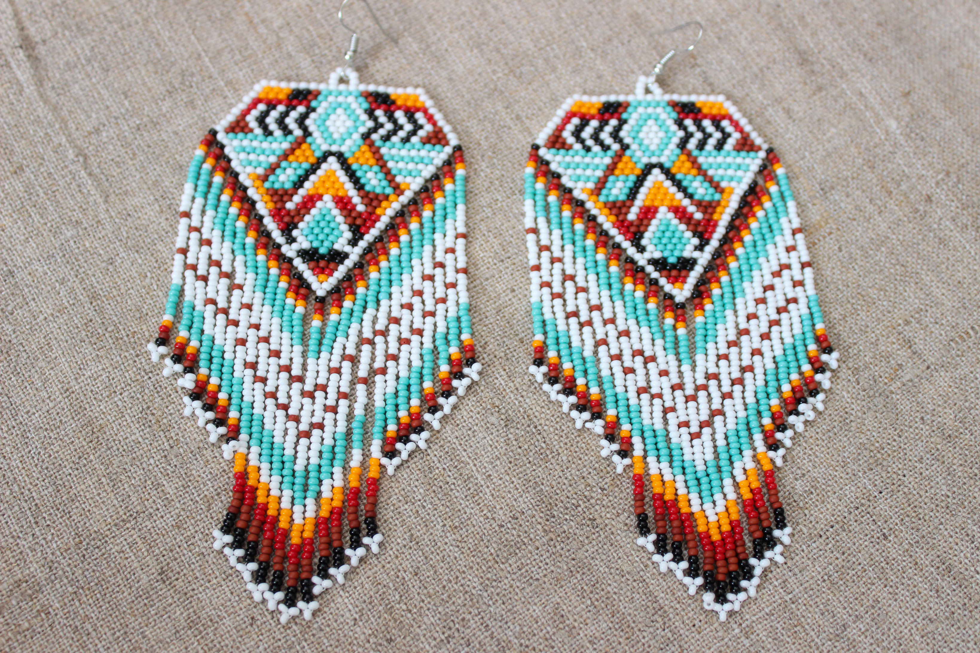 Native American Style Earrings Indian Beaded Native American Style Earrings Indian Beaded Geometric Aztec Tribal Large Dangling