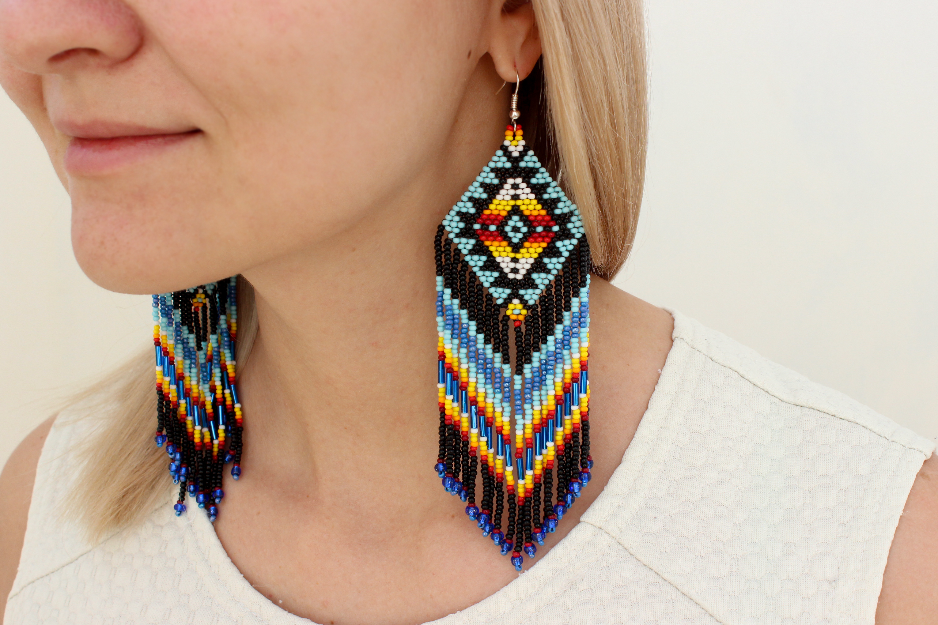 Native American Beaded Earrings Style Beadwork Native American Style Earrings Indian Beaded Geometric Aztec Tribal Large Dangling