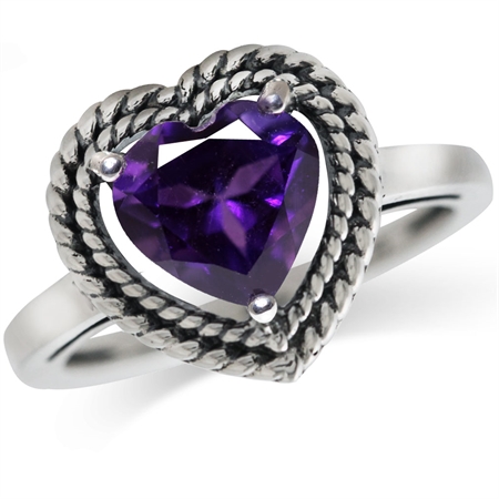 1.74ct. Natural Heart Shape African Amethyst 925 Sterling Silver Rope Solitaire Ring RN0089044