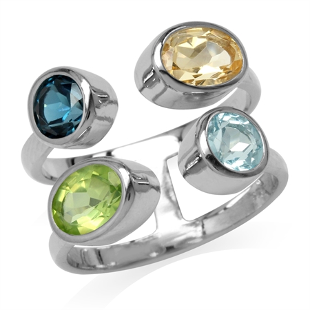 Citrine, Peridot & London Blue Topaz White Gold Plated 925 Sterling Silver Modern Open Front Ring RN0095259