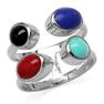 Created Coral, Lapis, Turquoise & Onyx White Gold Plated 925 Sterling Silver Modern Open Front Ring RN0095396