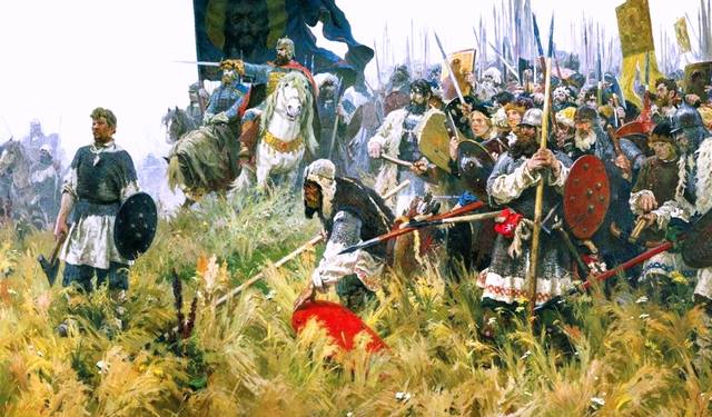Куликовская битва 1380 года, в которой сразились объединенные силы русских князей и войска ордынского темника Мамая. Kulikovskaya bitva