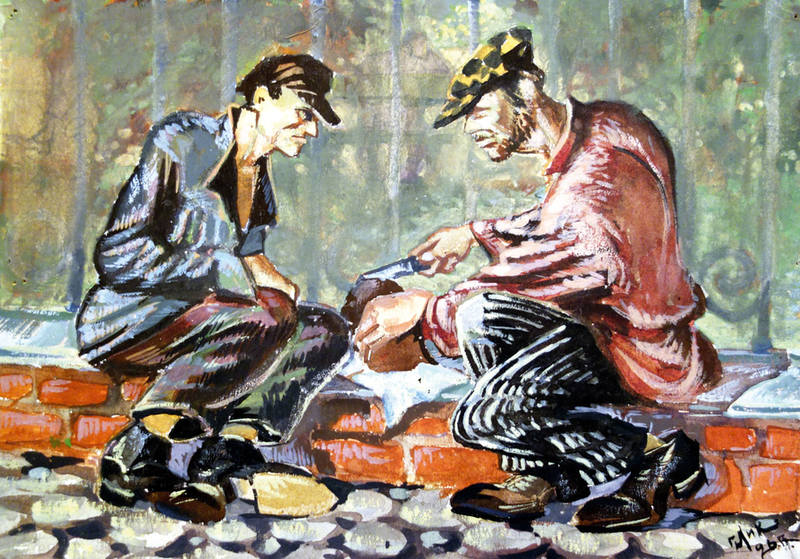 Г. Ликман. Двое в кепках. Бумага, гуашь. 1926 г. Частное собрание