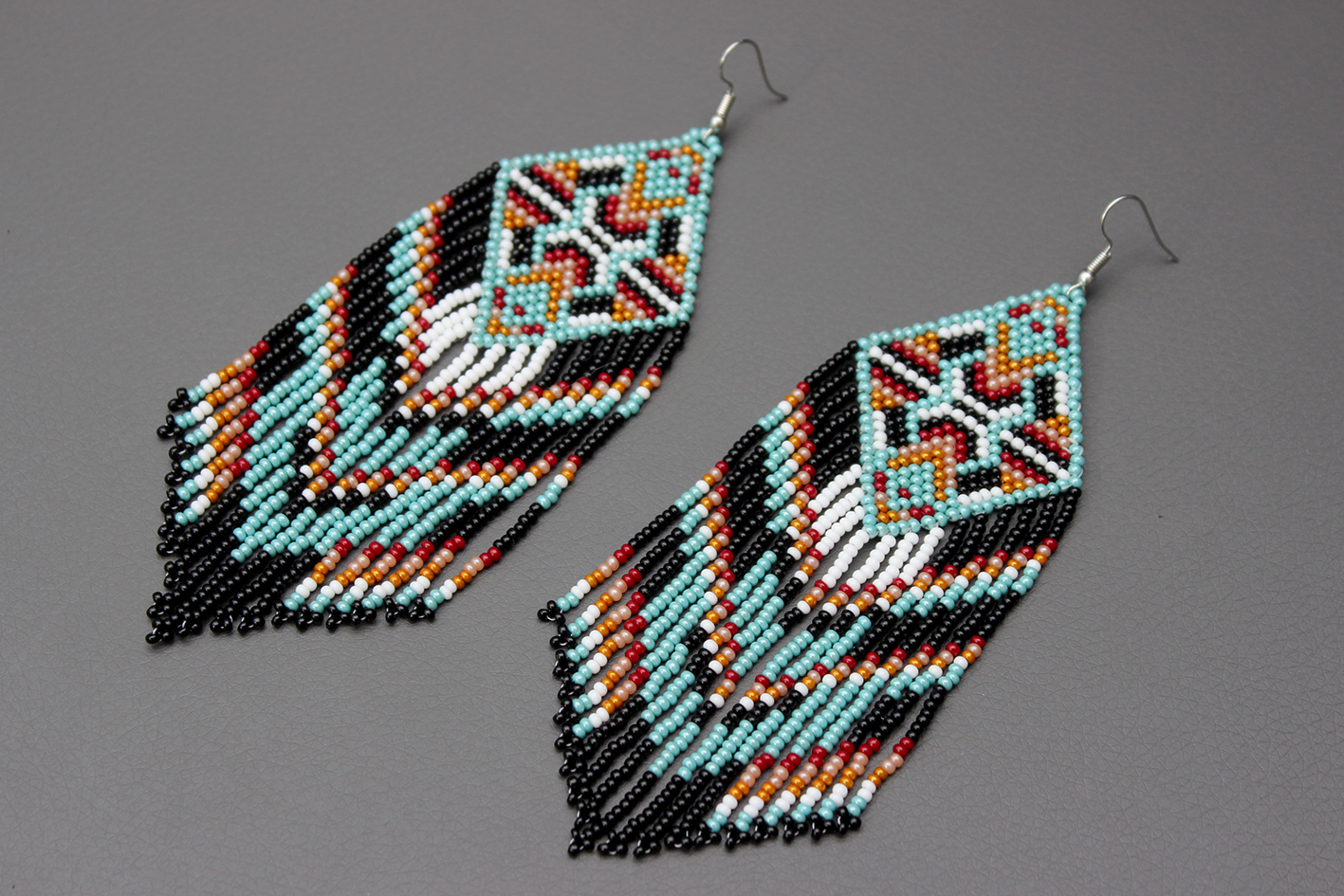peach pink and grey color seed beads Long Beaded Boho Earrings Native American Style Beaded Earrings