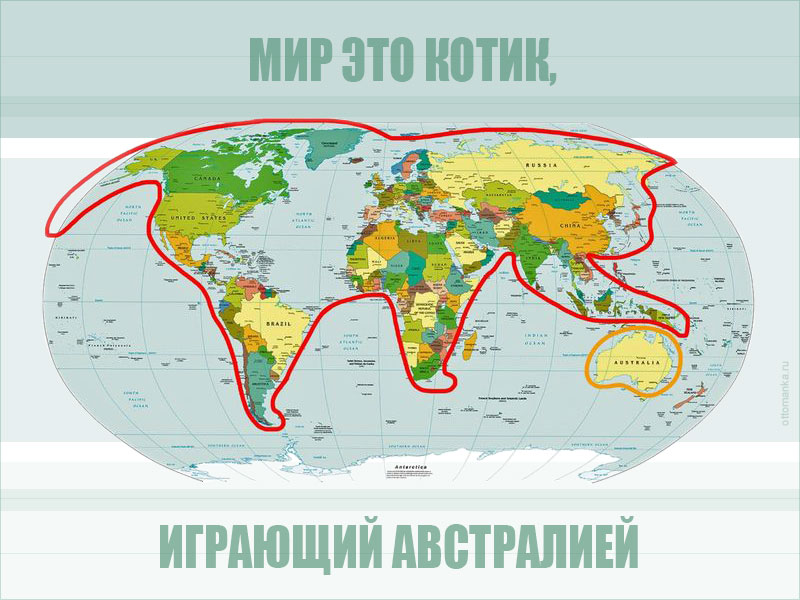 Мир похож на том. Весь мир это котик играющий в Австралию. Мир это кот играющий с Австралией.