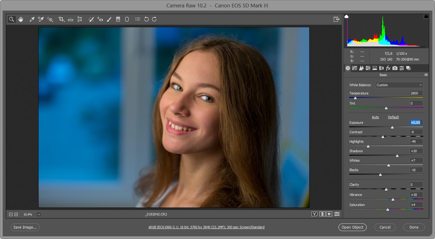 окно cam raw 2800K