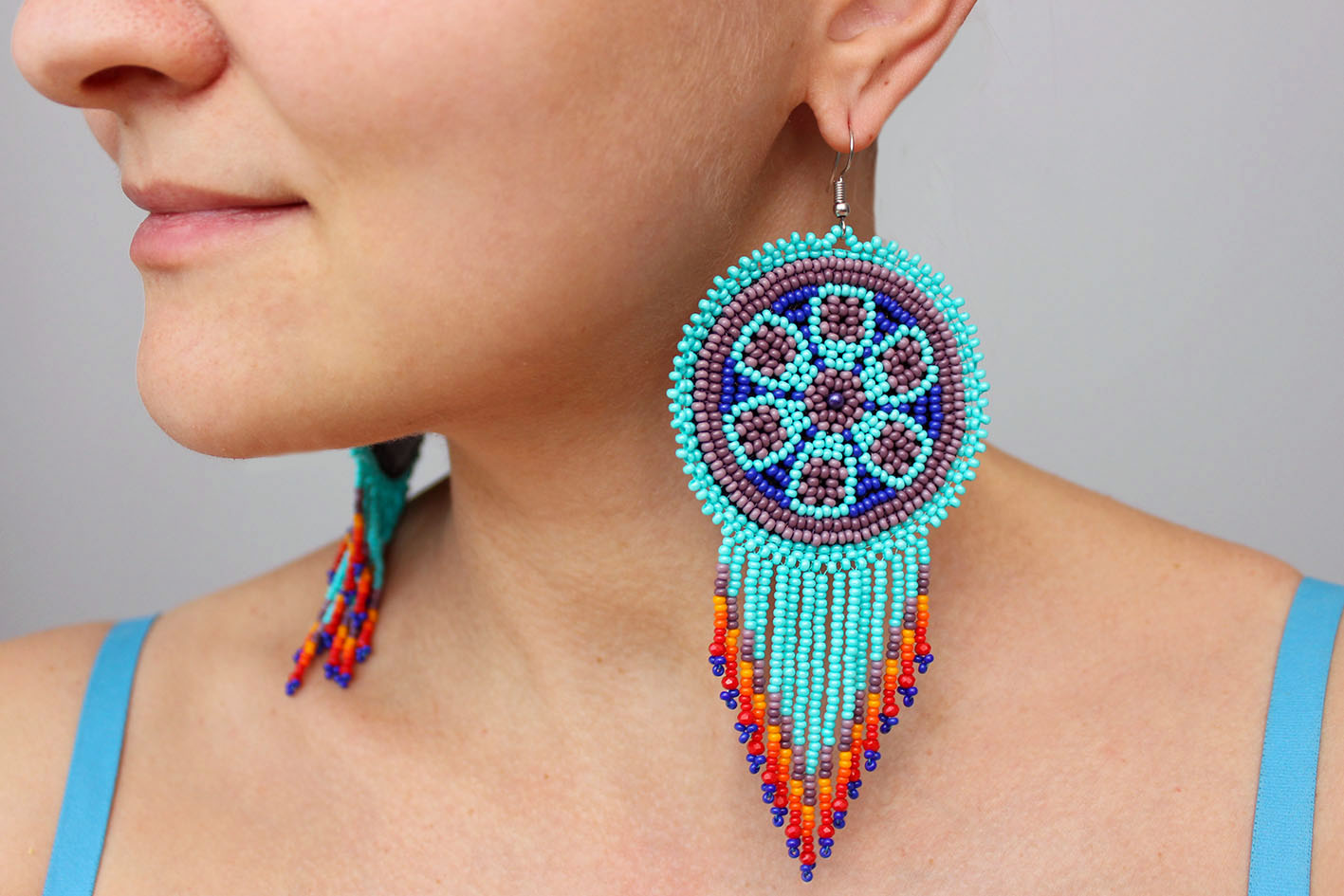 Earrings and Bracelet Set Native American made Beaded Medallion