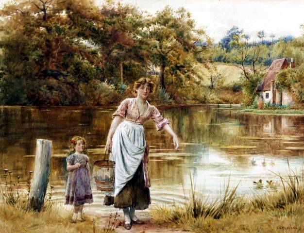 98 George Goodwin Kilburne (British, 1839-1924) - Mother and daughter fetching water