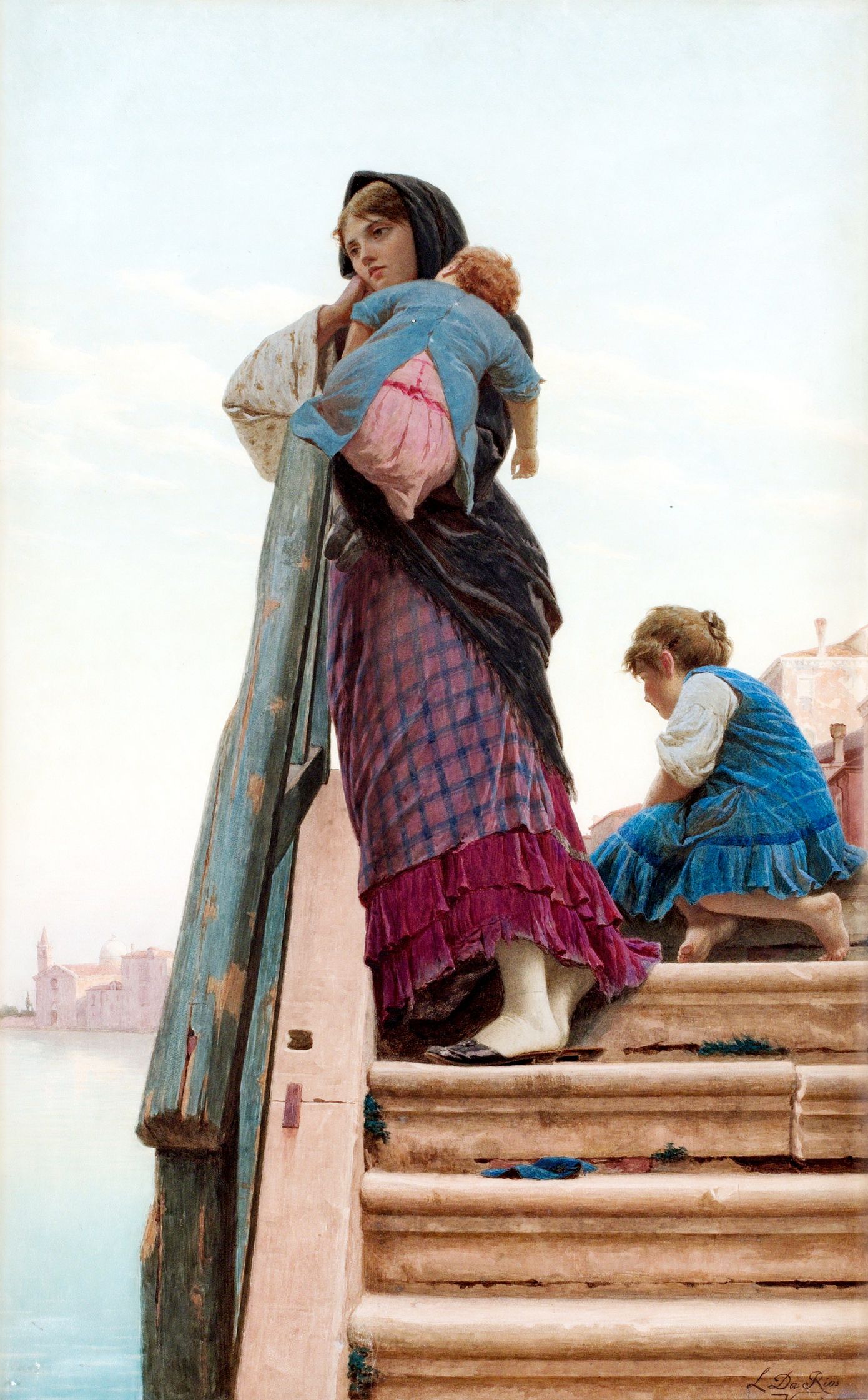 153 Luigi da Rios (Italy, 1844-1892) - Mother with children, scene from Venice