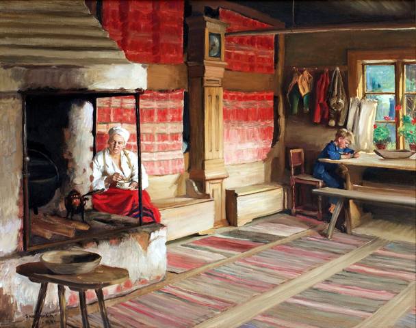 170 Sam Uhrdin (1886-1964) - Interior med kulla och lasande gosse