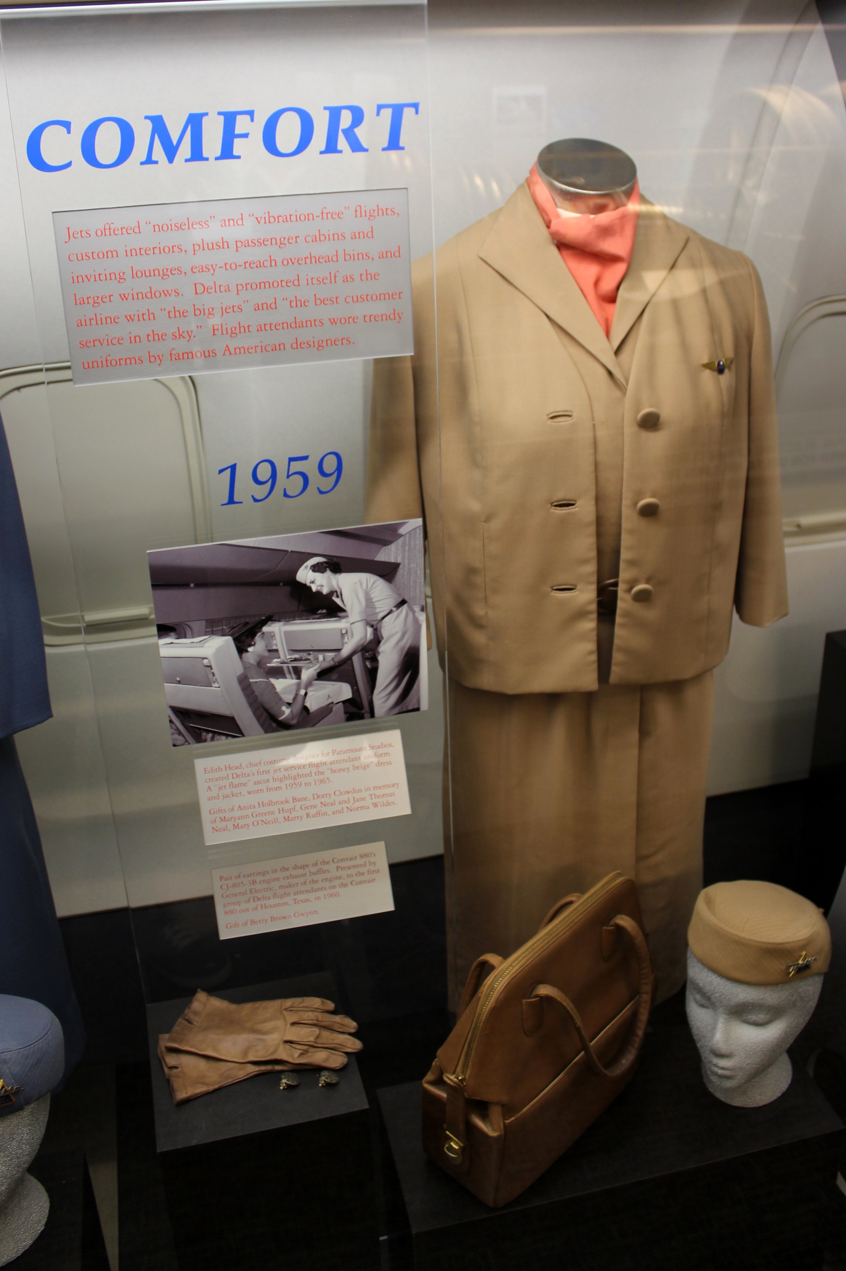 Atlanta - Delta Heritage Museum: Spirit of Delta - 1959 Flight Attendant Uniform Delta Airline's first jet service flight attendant uniform was designed by Edith Head, chief costume designer for Paramount Studios. A "jet flame" ascot highlighted the honey beige dress and jacket, worn from 1959 to 1965. The Spirit of Delta, or Delta Ship 102, housed in Hangar 2 of the Delta Heritage Museum, was Delta Airline's first Boeing 767-200. This aircraft was acquired in 1982 and paid for by Delta employees and retirees who raised $30 million as a gift to the Company. On May 7, 2006 it was pulled into the museum where it was transformed into a unique exhibition space and opened to the public on December 15--24 years after its first flight. The Delta Heritage Museum, an aviation and corporate museum housed in two 1940's era Delta Air Lines maintenances hangars outside Atlanta Hartsfield International Airport, was established in 1995. The hangars were used until the 1960's when the Delta Technical Operations Center, formerly known as the Jet Base, was completed. The museum's collections and facilities include a number of historical aircrafts including the Spirit of Delta, Delta's first 767, and Ship 41, the first DC-3 to carry Delta passengers, as well as an archives of artifacts related to Delta and its ancestor airlines, an aviation reference library, and a replica of the first Delta station in Monroe, Louisiana.