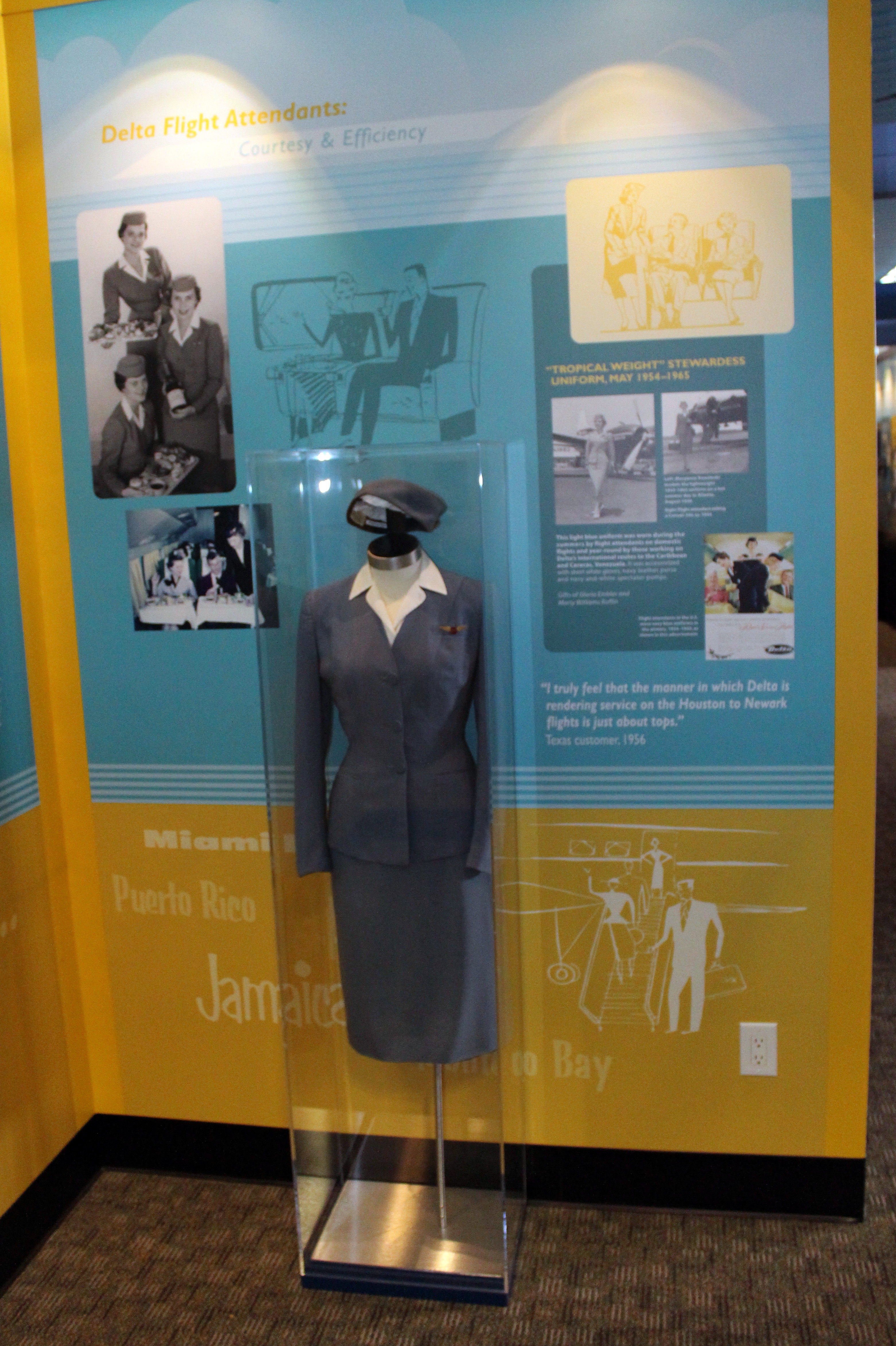 Atlanta - Delta Heritage Museum: Delta Flight Attendants The Delta Heritage Museum, an aviation and corporate museum housed in two 1940's era Delta Air Lines maintenances hangars outside Atlanta Hartsfield International Airport, was established in 1995. The hangars were used until the 1960's when the Delta Technical Operations Center, formerly known as the Jet Base, was completed. The museum's collections and facilities include a number of historical aircrafts including the Spirit of Delta, Delta's first 767, and Ship 41, the first DC-3 to carry Delta passengers, as well as an archives of artifacts related to Delta and its ancestor airlines, an aviation reference library, and a replica of the first Delta station in Monroe, Louisiana."Delta Heritage Museum" Delta "Delta Airlines" museum airport "Atlanta Hartsfield International Airport" Atlanta "Fulton County" GA Georgia