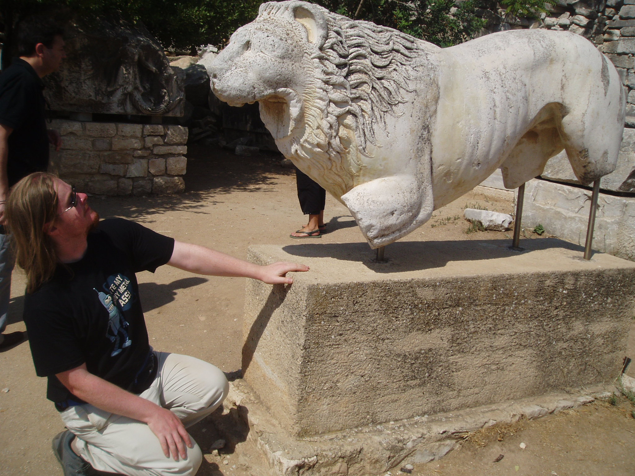 Lion Sculpture This sculpture of a crouching lion stands near the entrance to the Temple of Apollo at Didyma, and appears to belong to an earlier, Hellenistic phase of the Temple than the many Roman architectural sculptures nearby. There are two remarkably similar sculptures from Xanthos now in the British Museum, London. The magnificent Temple of Apollo at Didyma was the third largest of all ancient classical temples and home to a famous oracle mentioned by Homer in the Iliad. Though there has been a temple on this site for much longer the bulk of the present building dates from the 3rd century BC though building carried on through the Roman period and was in fact never finished. Today, and in contrast to some of it's larger siblings (Ephesus and Samos) it remains in a good state of preservation; only three of the columns remain complete but the rest of the structure is remarkably complete up to almost half it's original height. We thus have a better impression of the internal layout of the sanctuary here than at almost any other temple of the ancient world. The scale is enormous, and though most of the columns are mere stumps they give a good impression of the sheer scale of the completed edifice. Many of the column bases at the main east facade have ornate decorative mouldings. At the west end (the back wall of the temple) a collapsed column has been left lying where it fell. The interior of the Temple is entered from the portico via two tunnel-like passages that emerge in the 'cella', the heart of the sanctuary that in this case was left open to the sky like courtyard. For more see below:- www.sacred-destinations.com/turkey/didyma