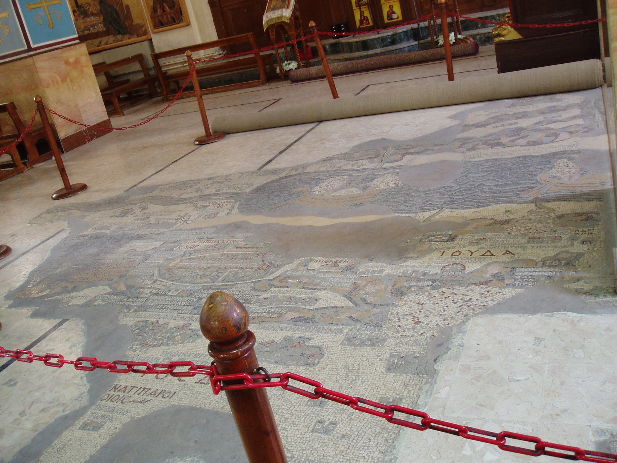Holy Land Map Mosaic, St George's, Madaba The Greek Orthodox church of St George in Madaba is famous for its ancient mosaic floor which represents a map of the Holy Land as existed in the 5th century AD. Although in fragmentary condition the mosaic is one of the most significant archaeological remains as an important historical document. The church itself is of far more recent date but stands on the site of an earlier church. It is adorned with several fine mosaics and frescoes in the Byzantine tradition.
