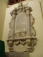 Dormer Monument, Budbrooke St Michael's at Budbrooke dates back to Norman times, as witnessed by the blocked north doorway, but the medieval fabric has been much restored in Victorian times (when the transepts were rebuilt). The interior appears to have been mostly renewed in the 1840s, with only the chancel arch and the unmoulded blocked north door evidently medieval. The only other antiquarian element is the very fine Baroque wall tablet to Rouland Dormer (d.1712) on the south side of the sanctuary. There is stained glass of 1846 with a small figure of St Michael by William Holland of Warwick in the east window (presumably earlier the quaint enamelled Evangelist symbol tracery lights in the south transept). The church is normally kept locked, my visit coincided with Heritage Open Days 2010.