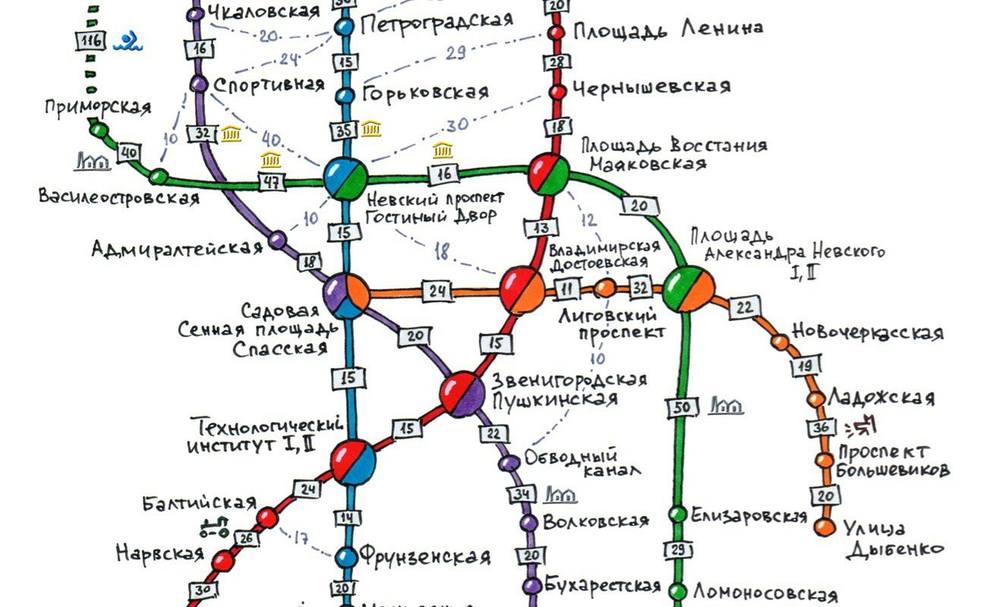 Схема петербургского метрополитена с расчетом времени