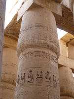 Hypostyle Hall, Karnak One of the grandest and most rewarding monuments of the ancient world, the Temple of Amun at Karnak simply cannot fail to impress with its grandeur. It is a vast complex of buildings over three main precincts, the greatest of which is that of Amun with the enormous great temple at its heart. This is the main draw for all visitors to Karnak, with its avenue of sphinxes, huge courtyards and incomparable pillared hypostyle hall. It is not only one of Egypt's most important monuments but simply one of the greatest ancient sites anywhere. The great temple of Amun dominates the complex and is the work of successive dynasties throughout the New Kingdom, at which point the local god Amun had been established as the state god of Egypt (his name means 'the hidden one', as he only rose to prominence relatively late in Egyptian history, largely connected to the rising importance of Thebes as the centre of power, thus its local god rose with it). Some of the earliest parts at the east end date to the reign of Thutmoses I with successive sections added by other 18th & 19th Dynasty rulers, with great obelisks erected by Hatshepsut and much of the Hypostyle Hall and pylons built under Seti I and his son Ramesses II. The first courtyard and the main pylon were the latest additions to the temple under the reign of Nectanebo I and were never fully finished. The temple is approached through and avenue of large ram-headed sphinxes, each protecting a small pharoah figure between their paws, representing the god Amun (whose sacred animal was the ram) protecting the king. These statues are usually identified as dating to the reign of Ramesses II, but it is possible they may date further back to Amenophis III. Originally this avenue stretched all the way through what is now the first courtyard to the 2nd pylon and hypostyle hall, but after construction of the 1st pylon and courtyard those beyond the new facade were stored in rows either side of the new courtyard beyond the entrance pylon. The main facade is formed by the towering 1st pylon built under Nectanebo I and never finished, the stonework is still rough-hewn and lacking in decoration and the northern tower remains somewhat shorter than its southern neighbour. The southerrn tower has at its rear the remains of a mud-brick ramp used during construction. The courtyard beyond is vast and dotted with pillars and statues from various earlier stages in the growth of Karnak, including a towering column from a pavilion built by Nubian Pharoah Taharqa, two colossi of Ramesses II (one usurped later by Pinedjem) and more of the ram-sphinxes that once lined the approach. Beyond the courtyard is the more ruinous 2nd pylon which leads to the most famous part of the Karnak Temple complex, the incredible Hypostyle Hall, sometimes called the 'Hall of a Hundred Columns' owing to the great multitude of thick, round columns in every direction, like a forest of enormous tree-trunks in stone. There are 134 columns in all in 16 rows, the central axis columns being taller with palm-capitals, whilst the rows either side of this carried a clerestorey of stone-latticed windows, many of which survive (originally these would have been the main light source when the hall had its roof). The decoration on the columns and side walls dates mostly to the reign of Ramesses II and is in sunken relief, but some earlier work from Seti I's reign in raised-relief can be seen on the north side. Continuing along the main eastern axis the great temple becomes more ruinous and harder to follow, but several major features stand out such as the obelisk of Hatshepsut and the much later barque shrine, whilst some distance beyond the festival hall of Thutmosis III, a pillared structure that represents the most substantial remaining part of the eastern sections of the temple and retains some coloured decoration inside. In addition to the main eastern axis of the temple there is the southern axis that is formed of four courtyards and further pylon towers and gates which extend towards the precinct of Amun's consort Mut (a much more ruined site reached by equally ruined sphinx avenues to the south, one of which also connects with that leading to Luxor Temple a mile or so further on).. These sections of the complex are mostly closed to visitors at present with stabilisation works ongoing. There are further smaller temples and areas of great interest around the huge Karnak site, which we have visited on a previous trip (we once spent an entire day here in the pre-digital 1990s), but sadly time was limited on this occasion to focusing on the major sections of the great temple itself, so we hope to return to spend longer here another time. en.wikipedia.org/wiki/Karnak