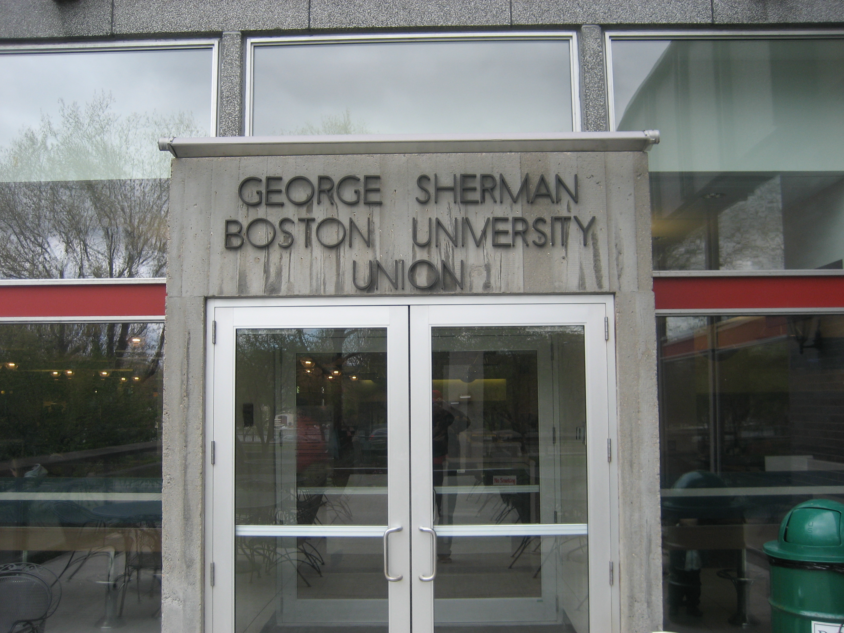 Boston - Boston University - George Sherman Union The George Sherman Union, at 775 Commonwealth Ave., is named for the Boston industrialist, philanthropist, and BU benefactor George Sherman, who made the naming gift for the student center. The GSU opened its doors in the spring of 1963 and was modeled after student union buildings at Midwestern universities, which were the social cores of their campuses. Facilities include the Union Court dining areas, games room, lounges, study areas, television viewing areas, a ballroom, student organization offices, administrative offices, meeting rooms, and a convenience store. In the basement is a branch of the United States Post Office; and a bank is located in the Link.