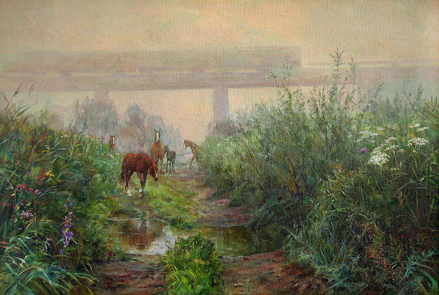 train-on-the-bridge-in-the-fog-and-horses-galina-gladkaya