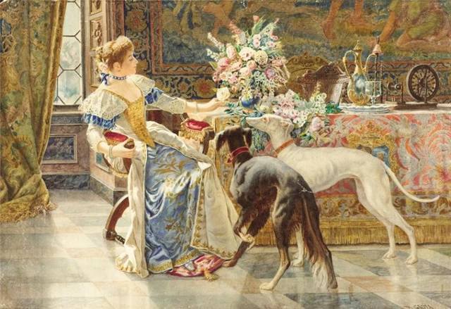 BELISARIO GIOJA (1829-1906), Seated Lady with Greyhounds...
