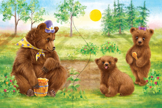 main children s illustration mom bear and little bears in a green meadow