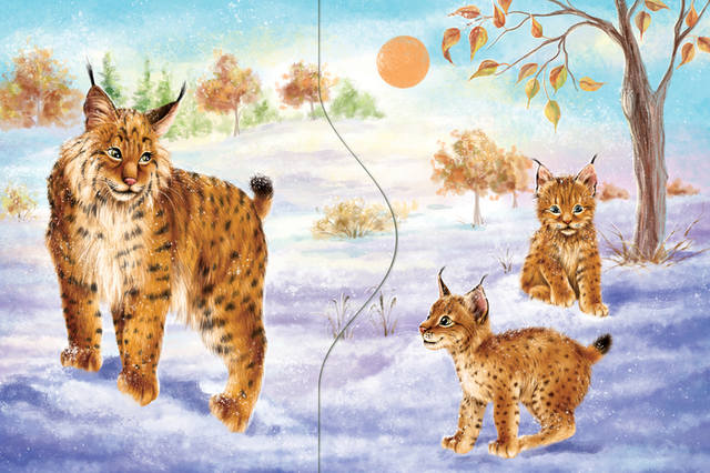 main mother lynx and small lynx in the winter meadow