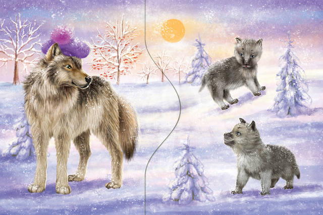 main mother wolf and little wolves in the winter meadow