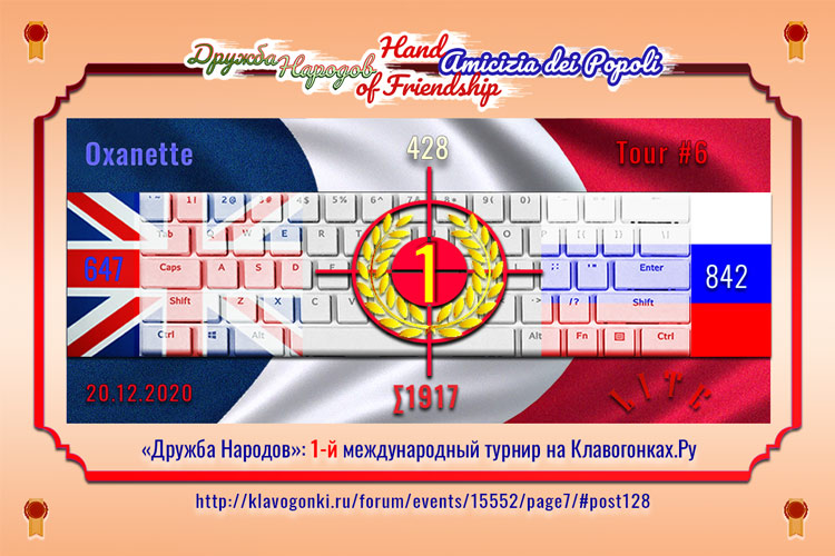 ДН6 1 Oxanette 647 428 842 СУММА1917 _201220 Дружба народов 1-й международный турнир на Клавогонках Ру