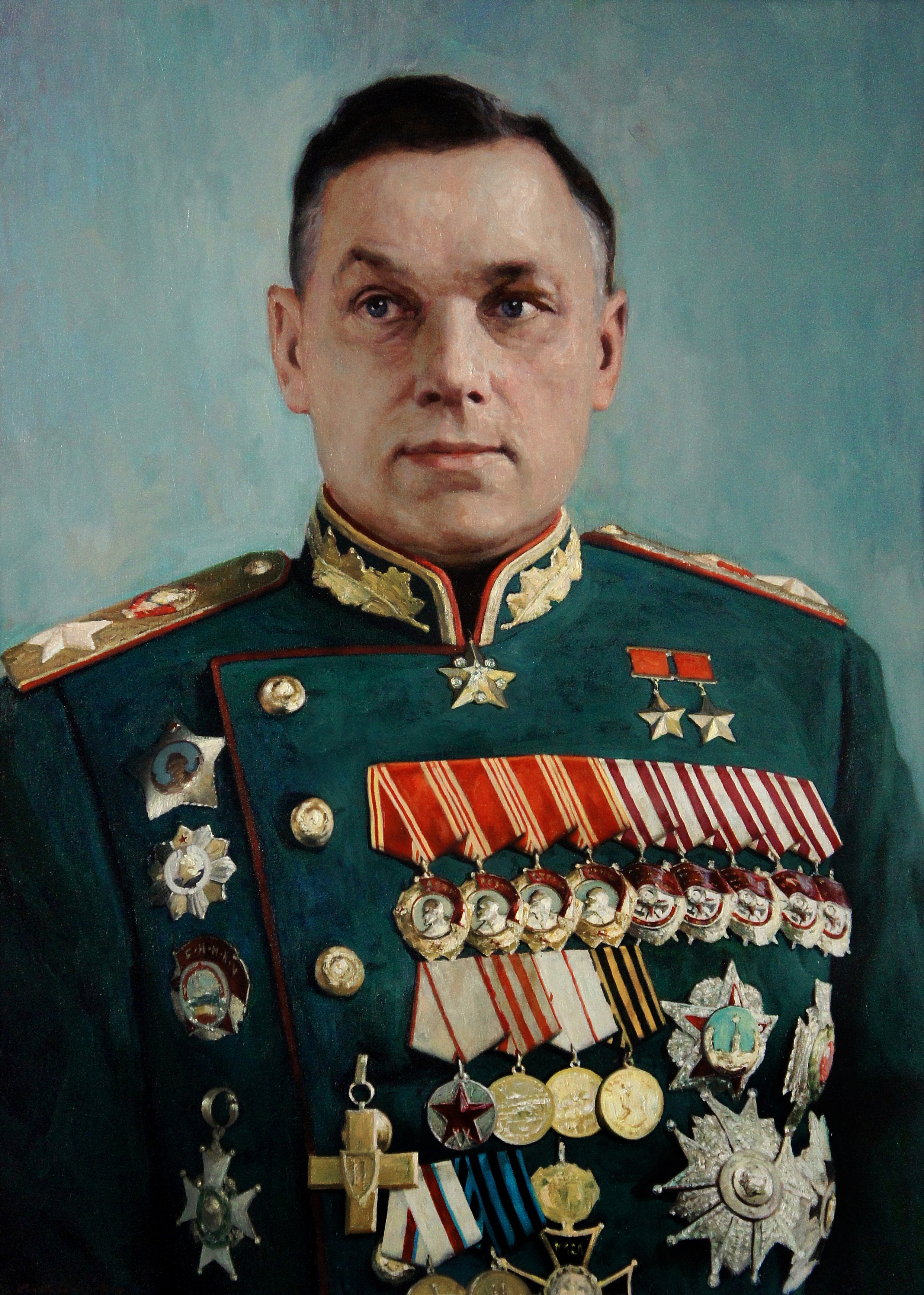 Константин Рокоссовский и его портрет. Медаль, степени, Ордена, Орден, кантом, красным, Союза, Советского, обшивались, крест, цвета, орденов, видим, ленте, Победы, Крест, носил, награды, медали, ордена