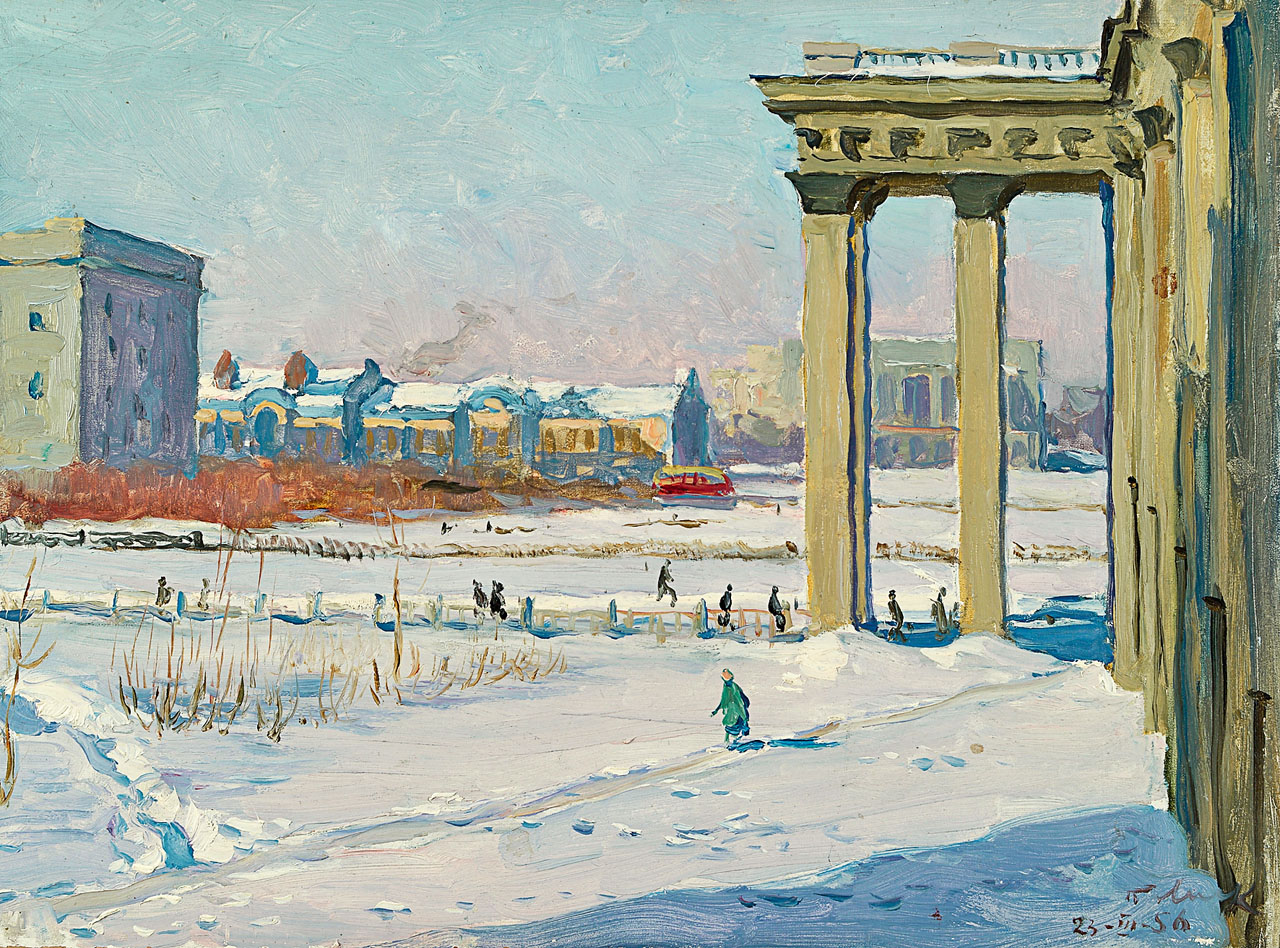 Г. Ликман. Новосибирск. Вид на площадь от Оперного театра. Картон, масло. 1956 г. Частное собрание