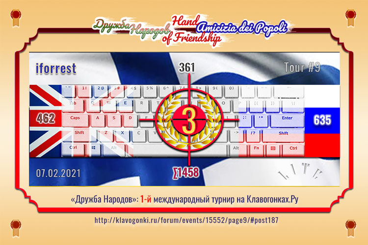 DN9 3 iforrest 462 361 635 СУММА1458 _210207 Дружба народов 1-й международный турнир на Клавогонках Ру