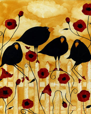 hubbs-art-folk-prints-crow-blackbirds-birds-floral-flowers-poppy-poppies-garden-debi-hubbs