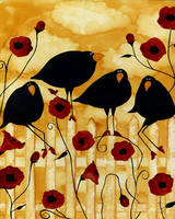 hubbs-art-folk-prints-crow-blackbirds-birds-floral-flowers-poppy-poppies-garden-debi-hubbs