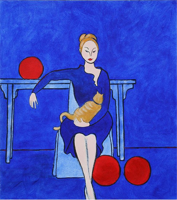 Woman And Yellow Cat With Red Balls