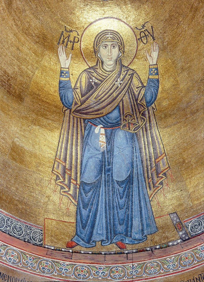 Богоматерь Оранта (Нерушимая Стена). Мозаика в алтаре собора, XI век. Собор Святой Софии (Киев)