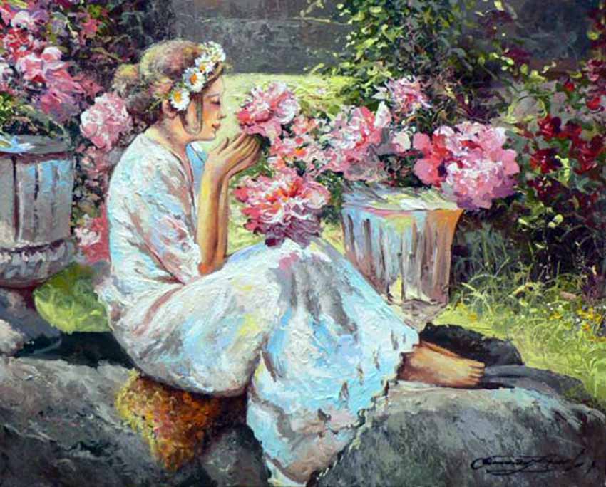 День мечтания о розовых кустах 15. Девушка в саду. Цветы в саду живопись. Девушка в саду живопись. Живопись дама в саду.